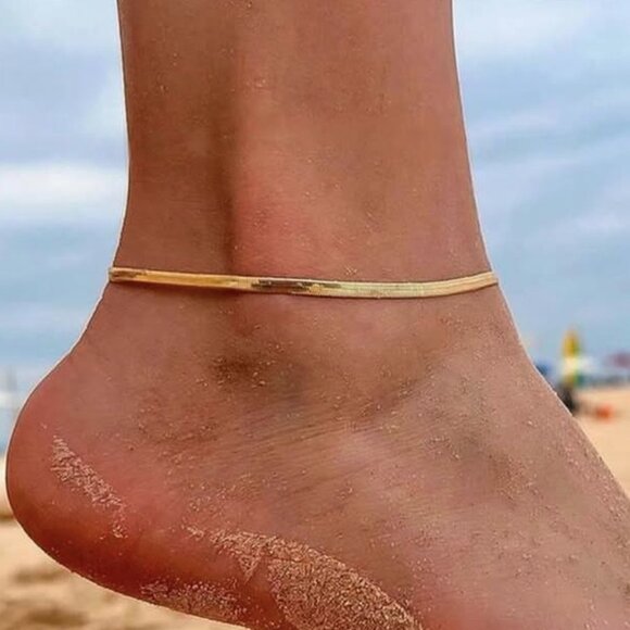 3/$35 18K Gold Plated Snake Chain Anklet Bracelet Herringbone Flat Ankle Chain - Picture 8 of 8